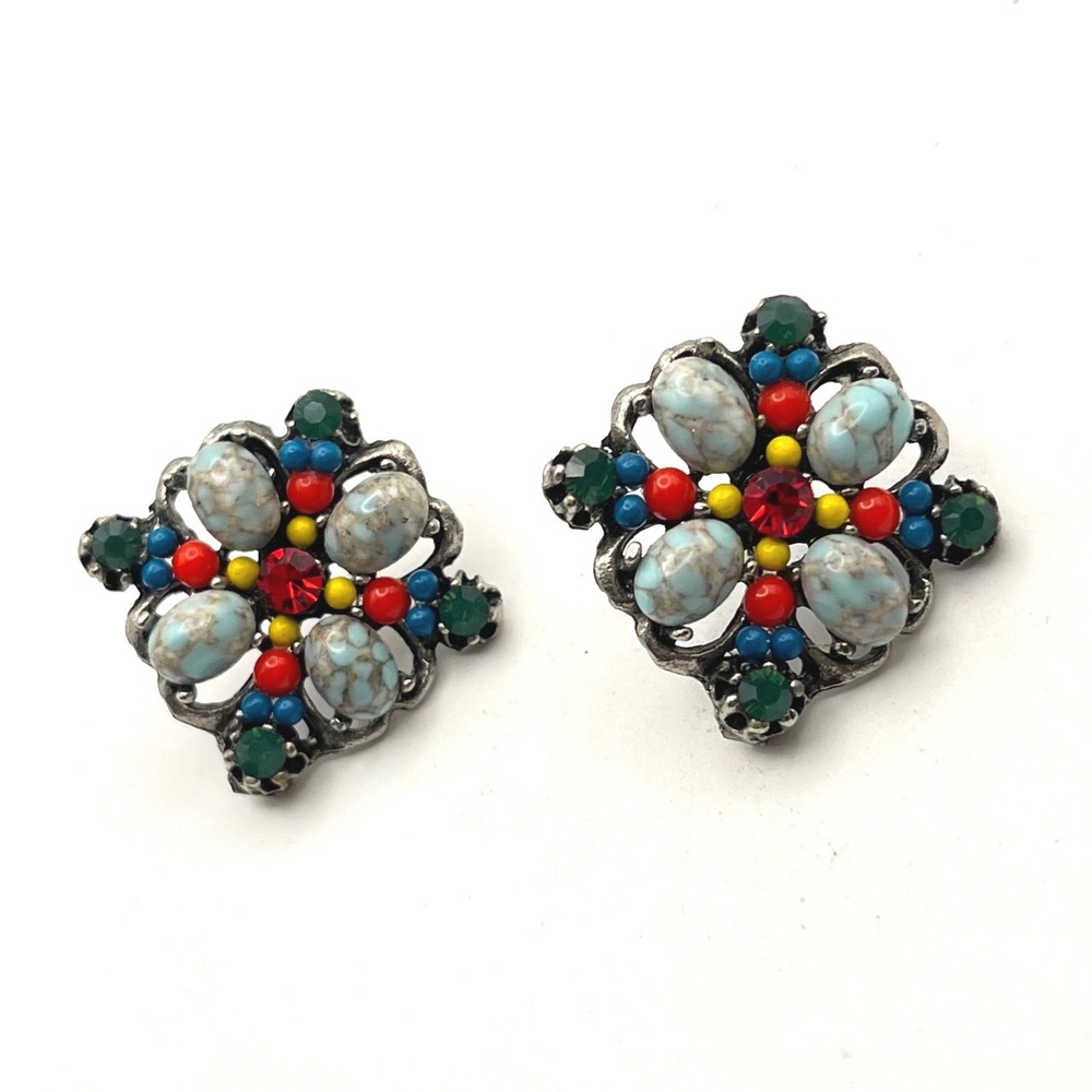 Vintage Silver Tone Multi Color Faux Turquoise Rhinestone Mosaic Stud Earrings